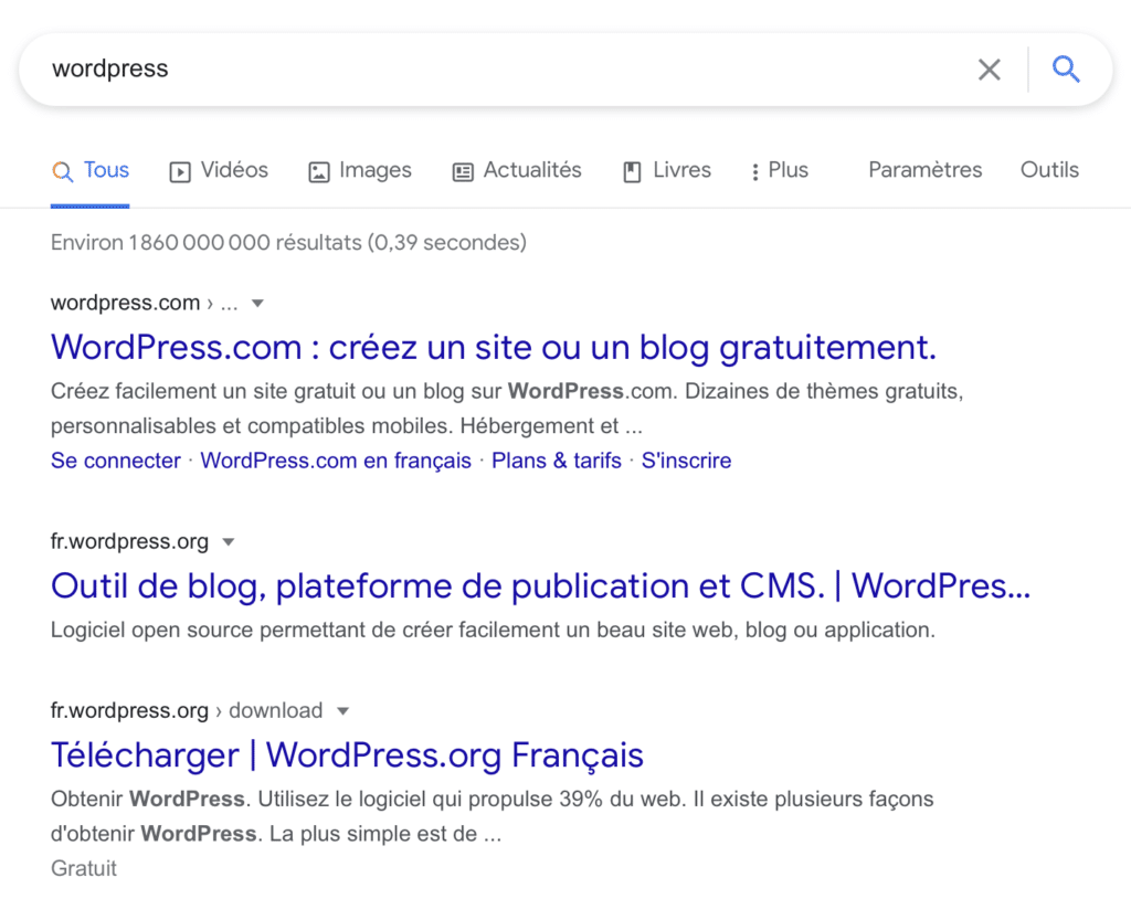 WordPress.com et WordPress.org dans Google