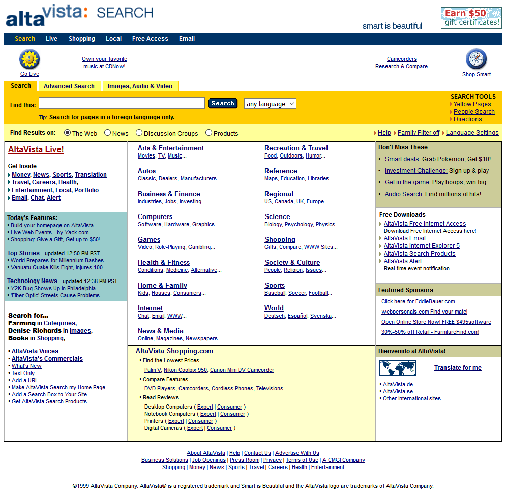 Site Internet de Altavista en 1999