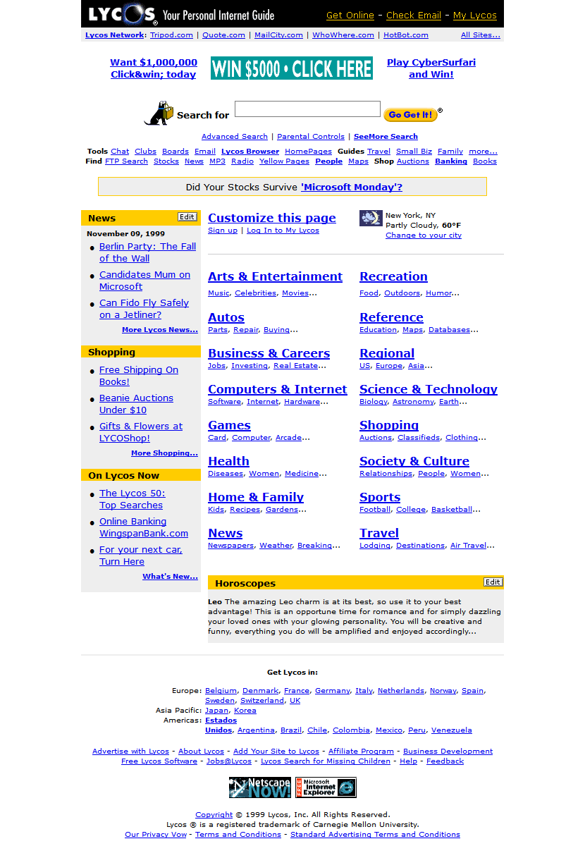 Site Internet de Lycos en 1999