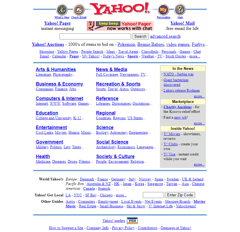 Site Internet de Yahoo en 1999